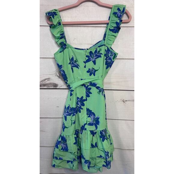 Likely Charlotte Mini Dress Size 6 Blue Green Floral Ruffle Tie Waist Flowy - Picture 2 of 7